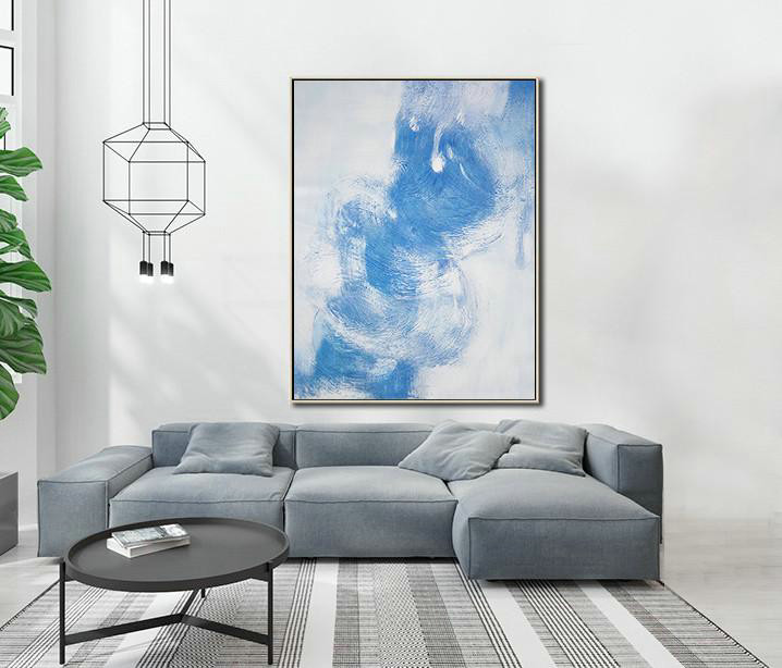 Acrylic Painting Large Wall Art,Vertical Palette Knife Contemporary Art,Wall Art Painting,Sky Blue,White.etc